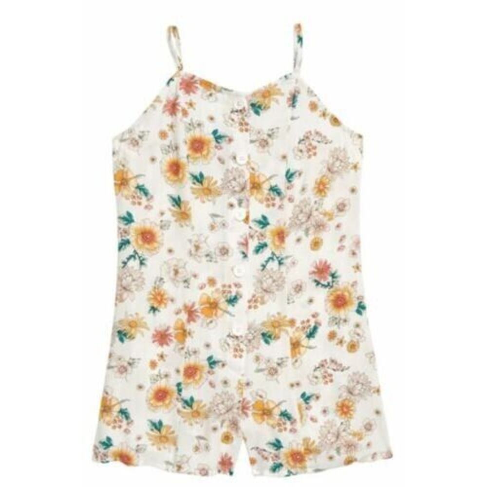 Love,Fire Girls Ivory Floral Print Sleeveless Button Front Romper Large MSRP $36